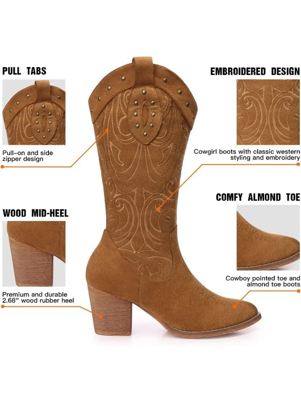 Women Camel Western Pointed Toe Chunky Heel Embroidered Mid Calf Cowgirl Boot